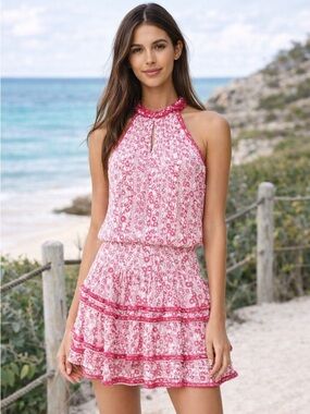 Eva Mini Halter Dress Pink Print Open Back Ruffle Tiered Size L NWT